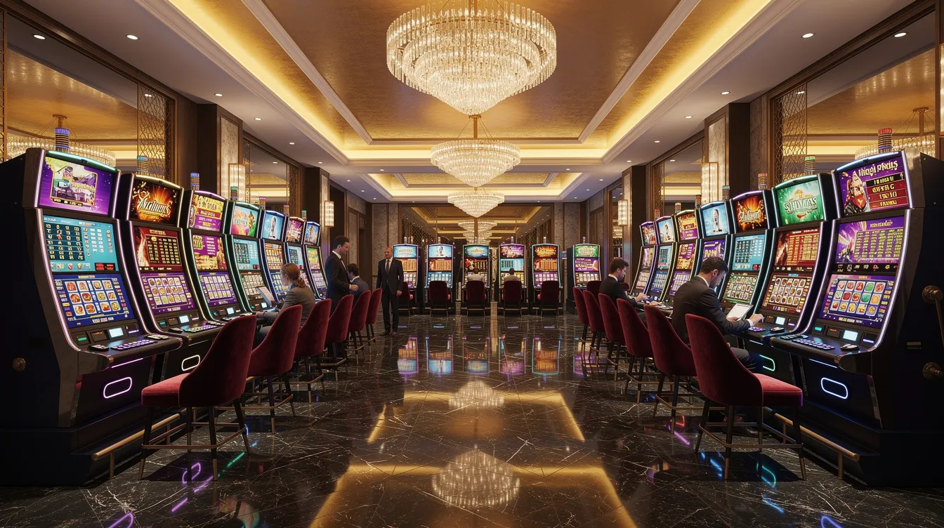 Modernes Casino-Interieur mit eleganten Lichtern und Spielautomaten.
