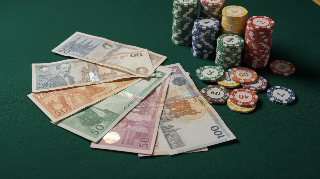 Schweizer Franken Banknoten und Casino-Chips auf grünem Filztisch.