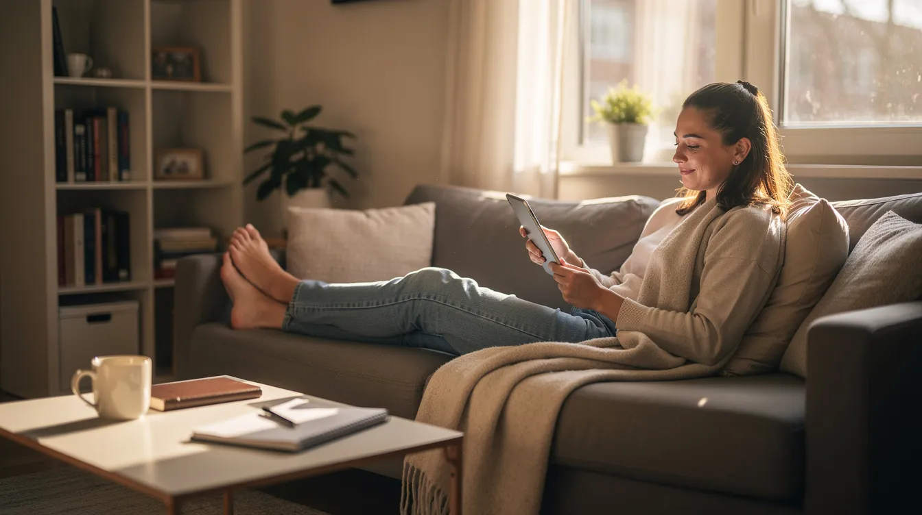 Entspannte Person mit Tablet auf Sofa – ausgewogene Freizeitgestaltung.